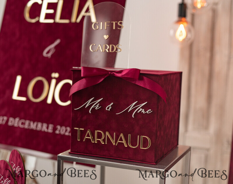 Burgundy Card Box & arch acrylic sign , Maroon Wedding Card Box with Lid,-26