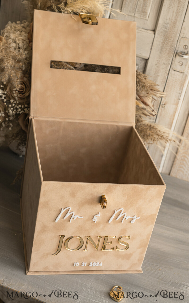 Beige gold Velvet Set Card Box with lock & Polaroid Guestbook & Cards gifts Sign instax instruction sign combo and pens set, fall Wedding Card Box with Lid Instant Instax Guestbook Wedding Money Box Sing Guestbook Set-13