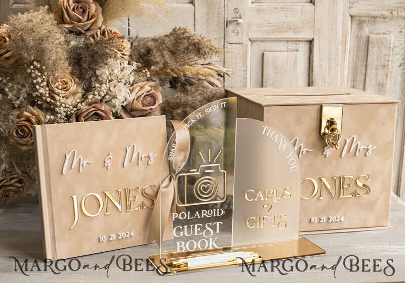 Beige gold Velvet Set Card Box with lock & Polaroid Guestbook & Cards gifts Sign instax instruction sign combo and pens set, fall Wedding Card Box with Lid Instant Instax Guestbook Wedding Money Box Sing Guestbook Set-0