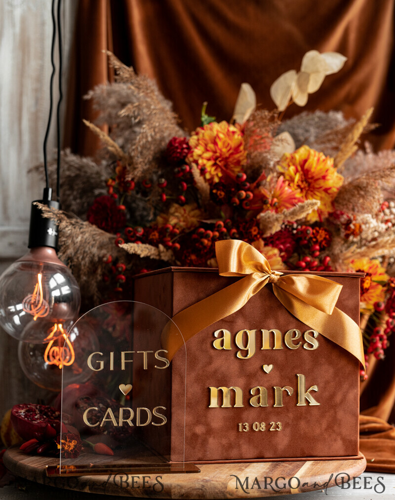 Terracotta Fall Card Box and Arch Acrylic Cards & Gifts Clear Sign, Velvet Rust Wedding Card Box with Lid, Burnt Orange Wedding Money Box, Copper Wedding Card Box cards and gift Arch acrylic sign set-8