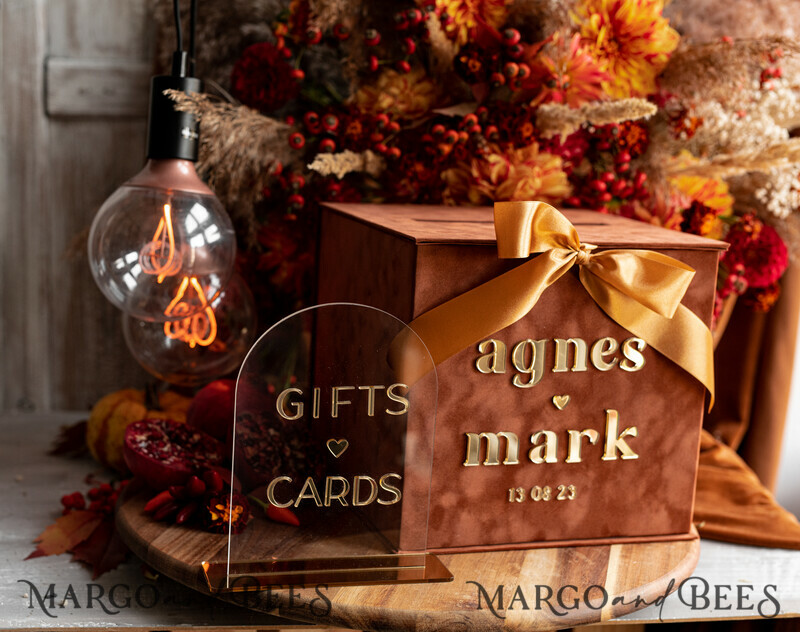 Terracotta Fall Card Box and Arch Acrylic Cards & Gifts Clear Sign, Velvet Rust Wedding Card Box with Lid, Burnt Orange Wedding Money Box, Copper Wedding Card Box cards and gift Arch acrylic sign set-2