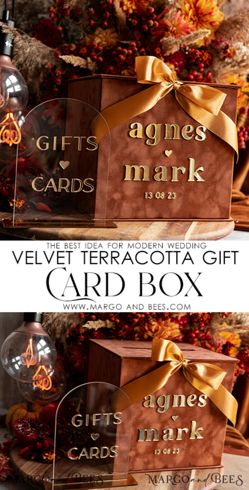 Terracotta Fall Card Box and Arch Acrylic Cards & Gifts Clear Sign, Velvet Rust Wedding Card Box with Lid, Burnt Orange Wedding Money Box, Copper Wedding Card Box cards and gift Arch acrylic sign set-3