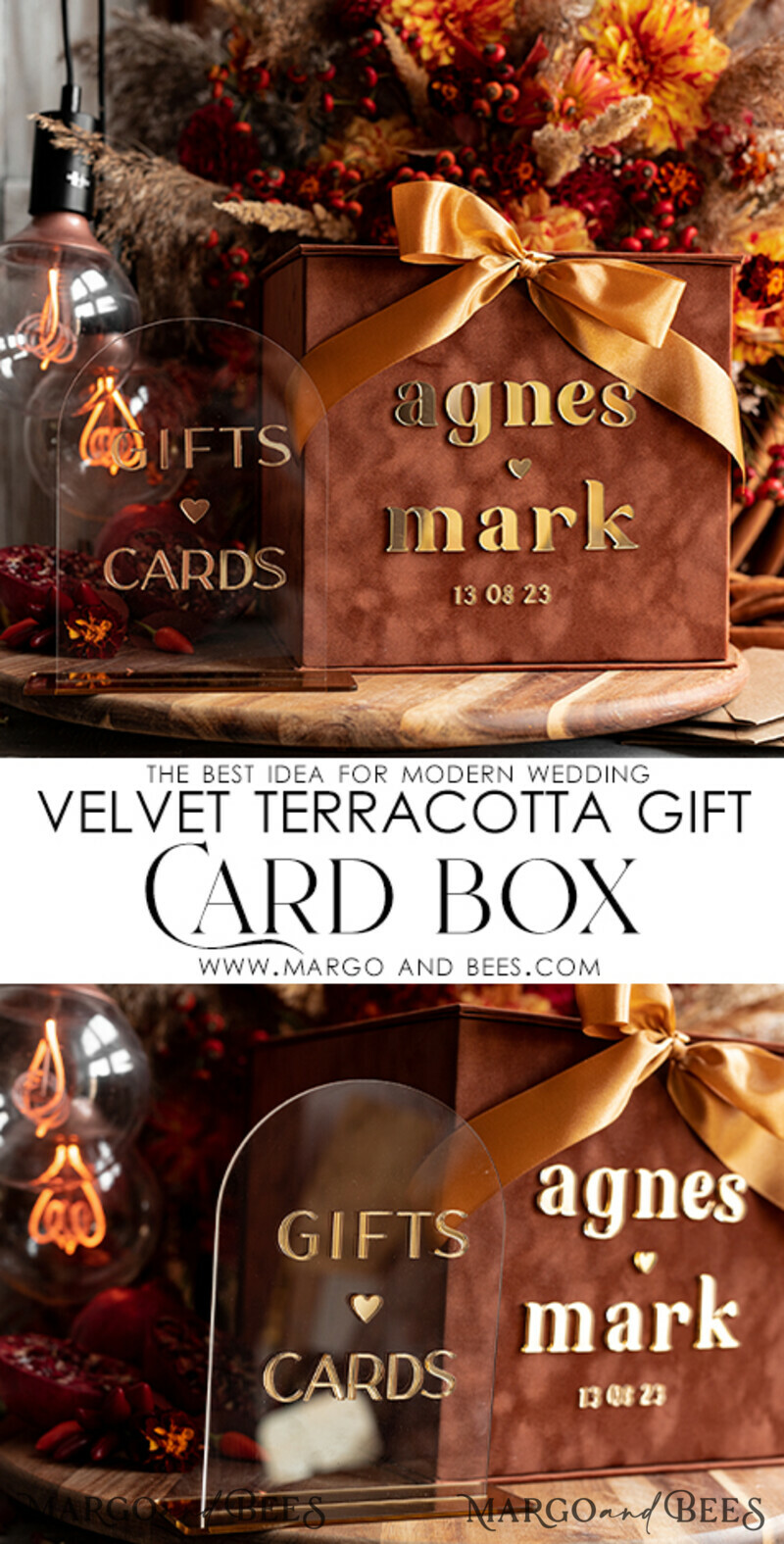 Terracotta Fall Card Box and Arch Acrylic Cards & Gifts Clear Sign, Velvet Rust Wedding Card Box with Lid, Burnt Orange Wedding Money Box, Copper Wedding Card Box cards and gift Arch acrylic sign set-7