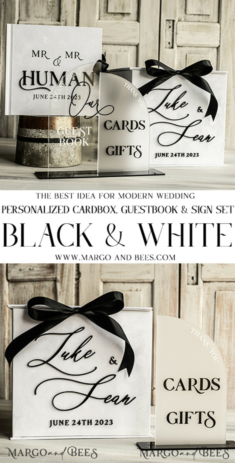 Velvet Set Card Box Guestbook & Sign, Wedding Card Box Instant Instax Guestbook, Black & White Wedding Money Box Sing Guestbook Set, BWs-2