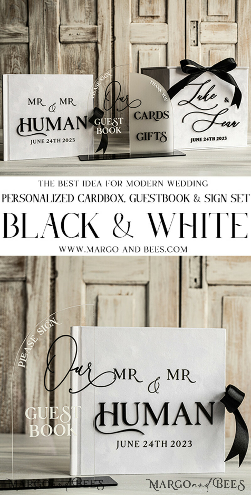 Velvet Set Card Box Guestbook & Sign, Wedding Card Box Instant Instax Guestbook, Black & White Wedding Money Box Sing Guestbook Set, BWs-23