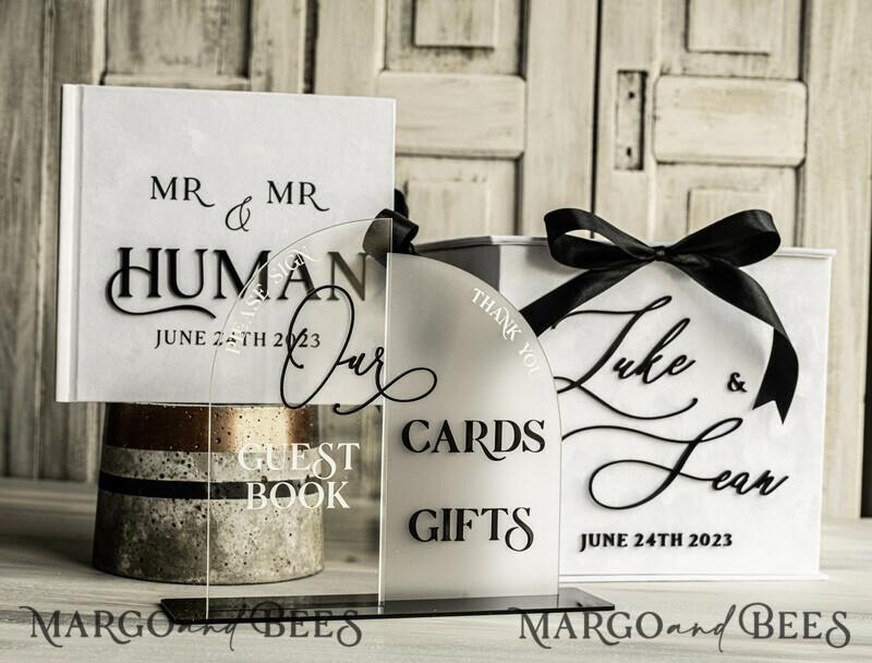 Velvet Set Card Box Guestbook & Sign, Wedding Card Box Instant Instax Guestbook, Black & White Wedding Money Box Sing Guestbook Set, BWs-1