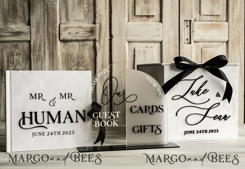 Velvet Set Card Box Guestbook & Sign, Wedding Card Box Instant Instax Guestbook, Black & White Wedding Money Box Sing Guestbook Set, BWs-5