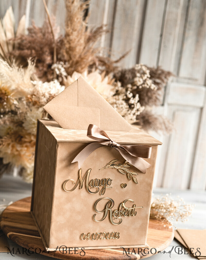 Gift Card Box, Velvet Beige wedding wishing well money gift card box-6