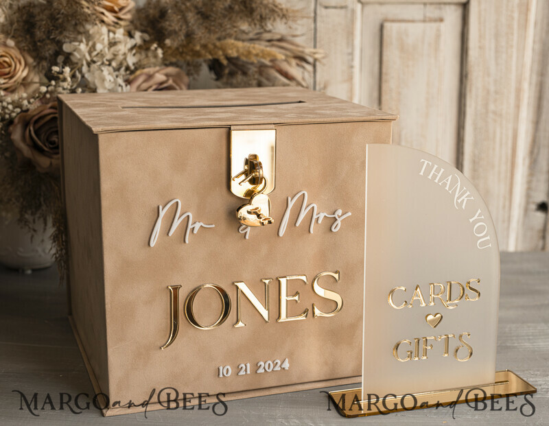 Beige Card Box and Arch Acrylic Cards & Gifts Clear Sign, Velvet Rust Wedding Card Box with Lid
-1