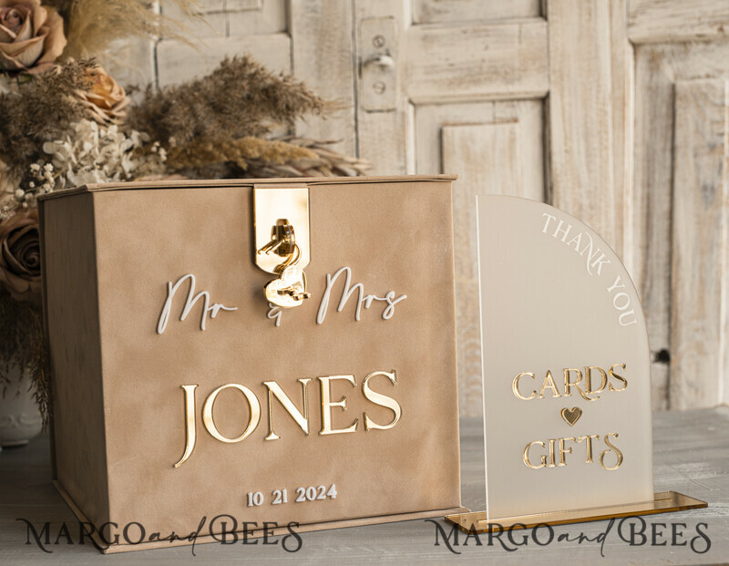 Beige Card Box and Arch Acrylic Cards & Gifts Clear Sign, Velvet Rust Wedding Card Box with Lid
-3