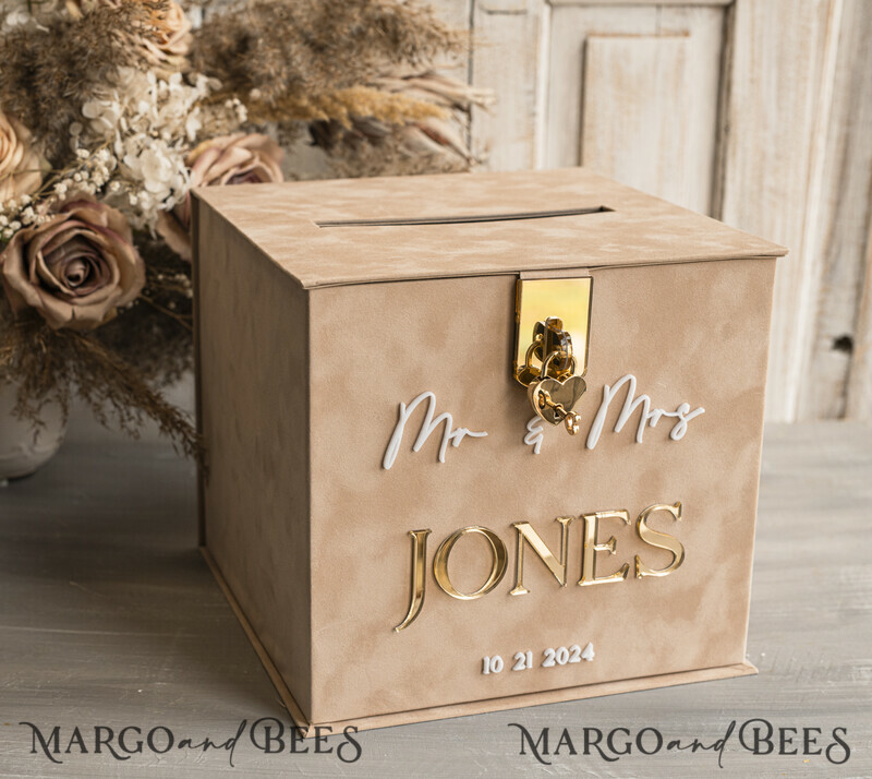 Beige Card Box and Arch Acrylic Cards & Gifts Clear Sign, Velvet Rust Wedding Card Box with Lid
-10