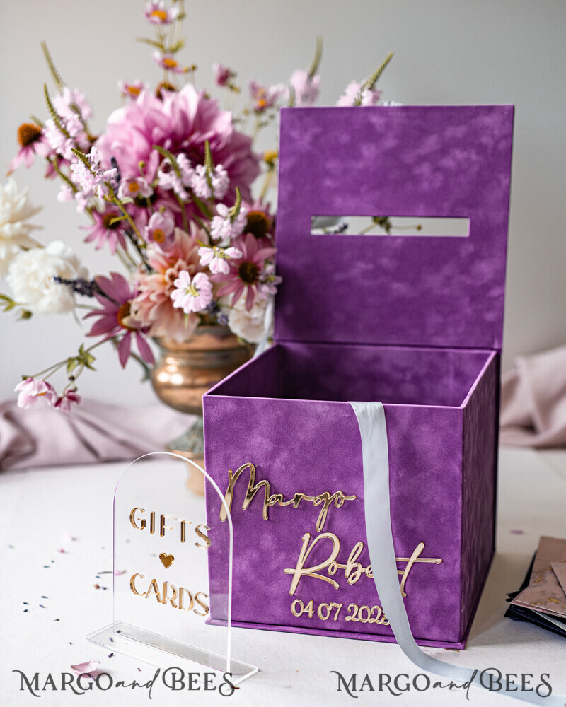 Gift Card Box & arch Sign Set , Velvet Purple wedding wishing well money gift card box-1