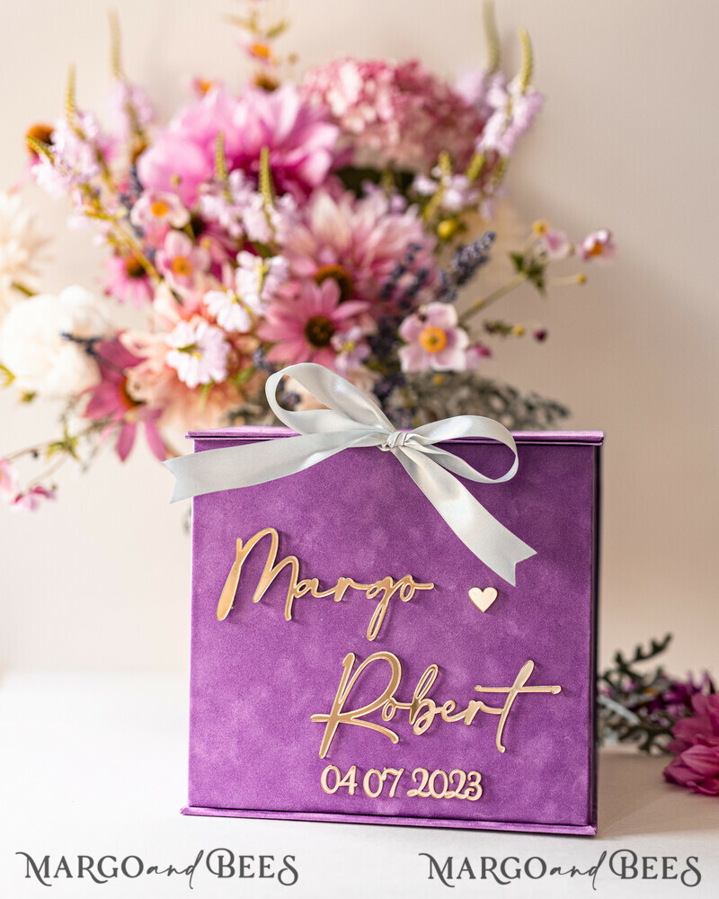 Gift Card Box & arch Sign Set , Velvet Purple wedding wishing well money gift card box-10