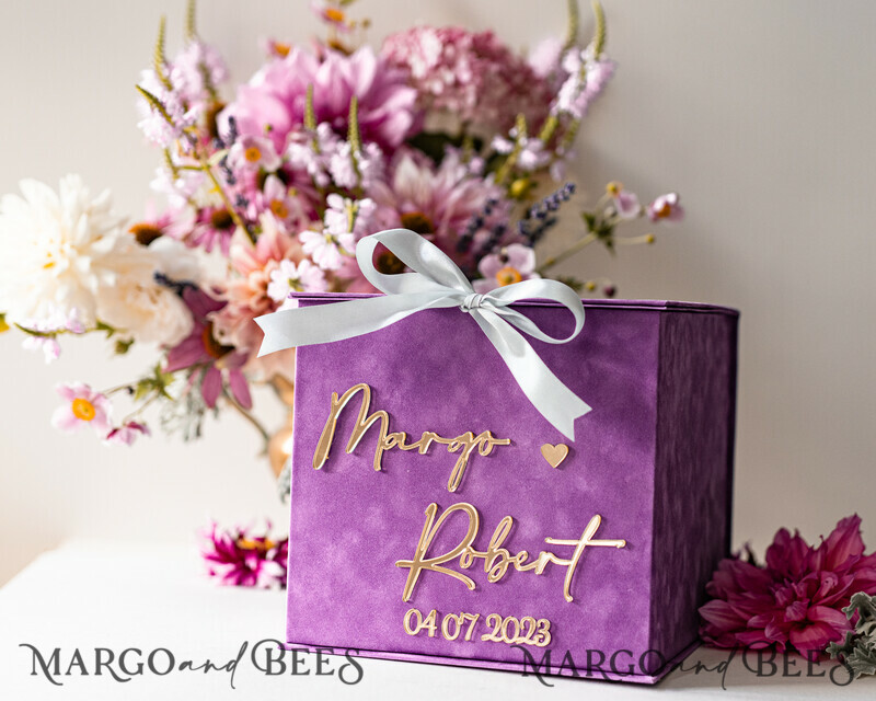 Gift Card Box & arch Sign Set , Velvet Purple wedding wishing well money gift card box-11