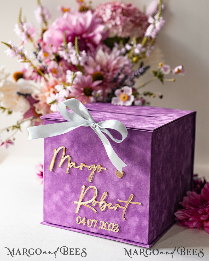 Gift Card Box & arch Sign Set , Velvet Purple wedding wishing well money gift card box-12
