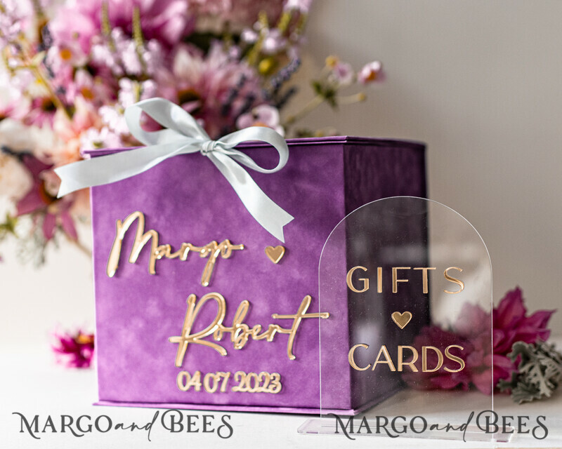 Gift Card Box & arch Sign Set , Velvet Purple wedding wishing well money gift card box-13