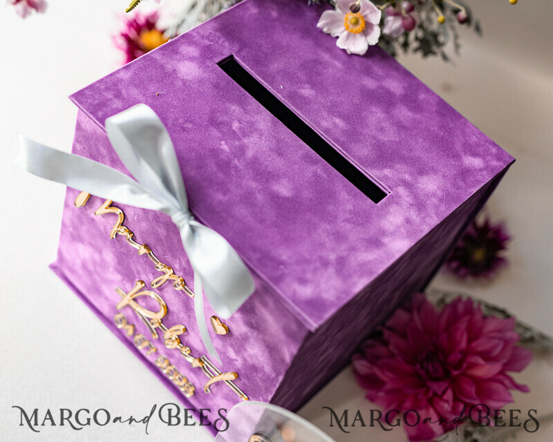 Gift Card Box & arch Sign Set , Velvet Purple wedding wishing well money gift card box-14