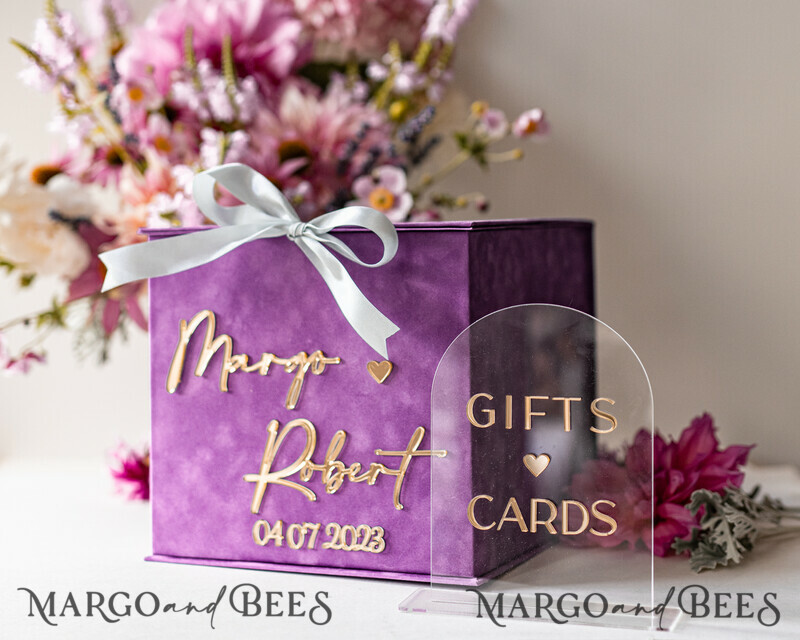 Gift Card Box & arch Sign Set , Velvet Purple wedding wishing well money gift card box-15