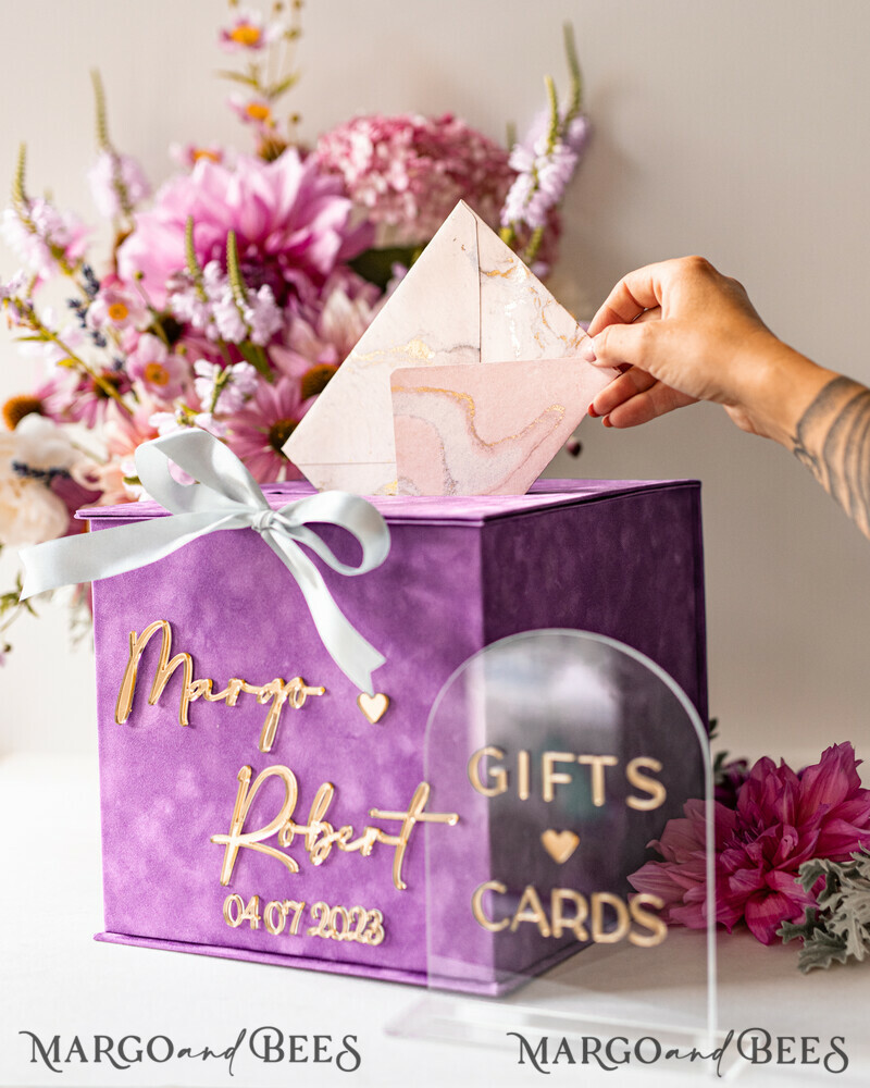 Gift Card Box & arch Sign Set , Velvet Purple wedding wishing well money gift card box-16