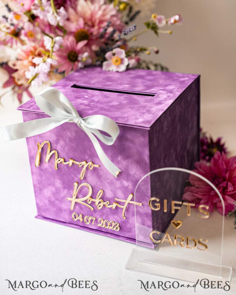 Gift Card Box & arch Sign Set , Velvet Purple wedding wishing well money gift card box-17