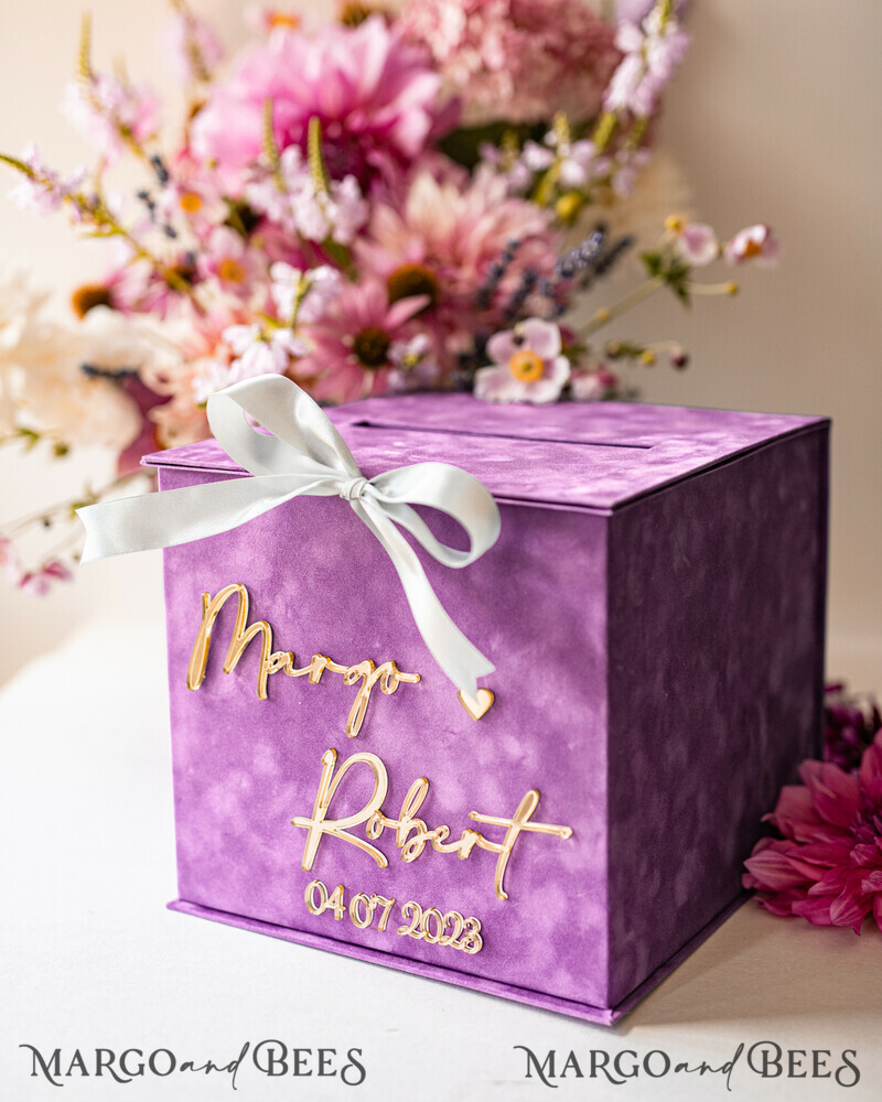 Gift Card Box & arch Sign Set , Velvet Purple wedding wishing well money gift card box-18