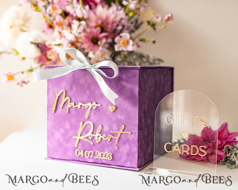 Gift Card Box & arch Sign Set , Velvet Purple wedding wishing well money gift card box-3