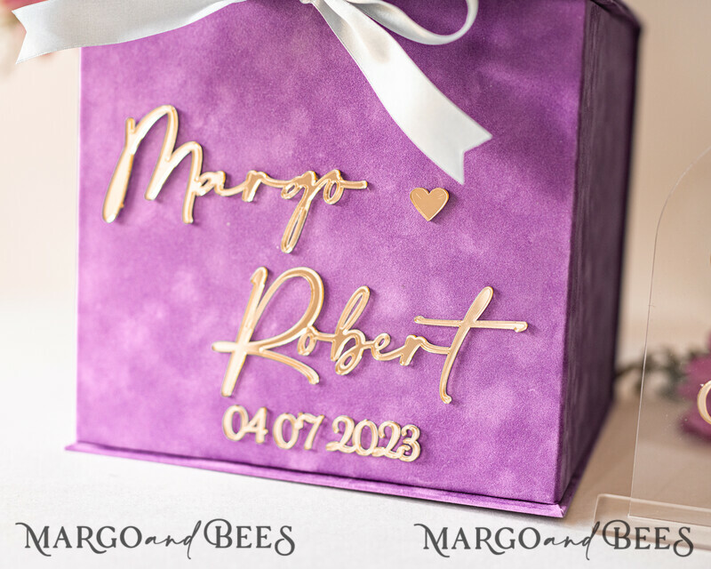 Gift Card Box & arch Sign Set , Velvet Purple wedding wishing well money gift card box-4
