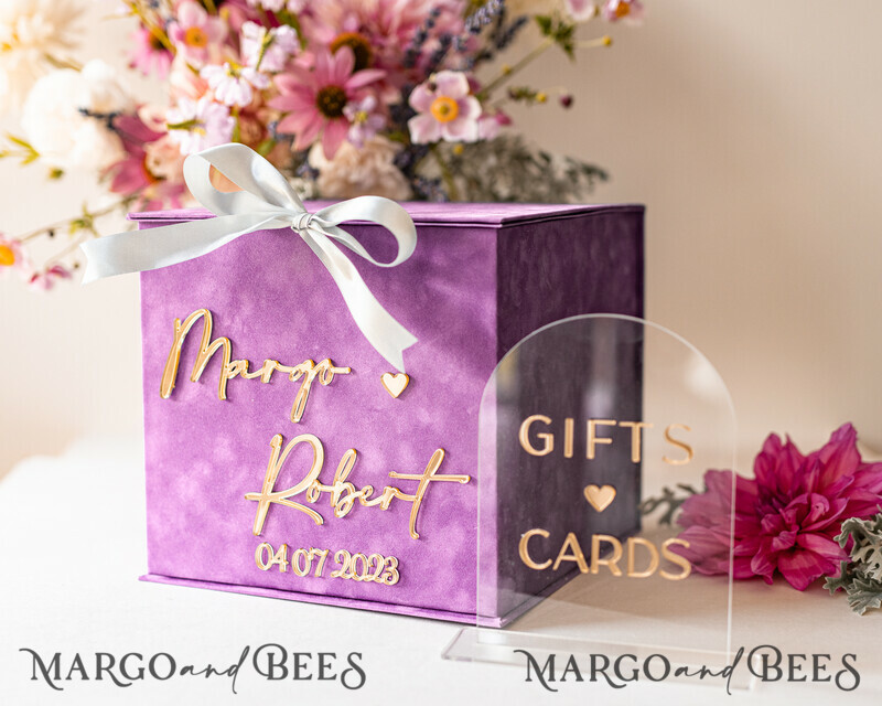 Gift Card Box & arch Sign Set , Velvet Purple wedding wishing well money gift card box-5