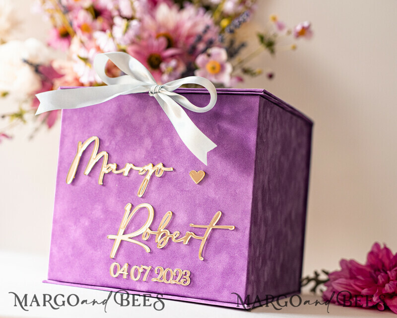 Gift Card Box & arch Sign Set , Velvet Purple wedding wishing well money gift card box-7