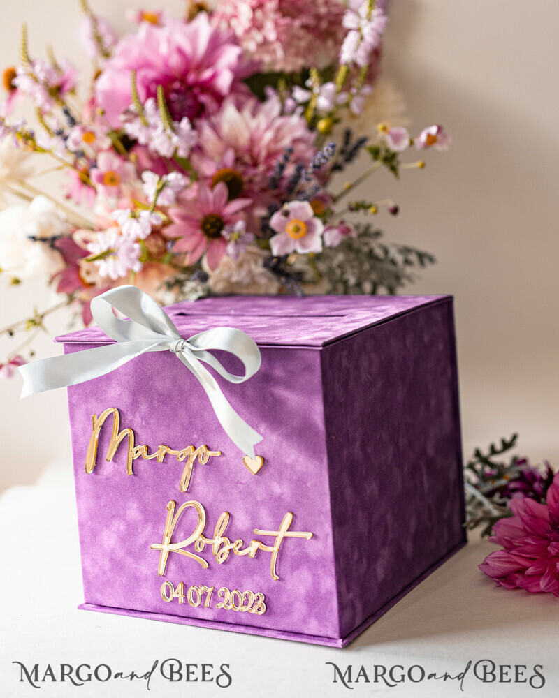 Gift Card Box & arch Sign Set , Velvet Purple wedding wishing well money gift card box-8