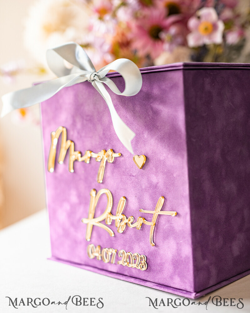 Gift Card Box & arch Sign Set , Velvet Purple wedding wishing well money gift card box-9
