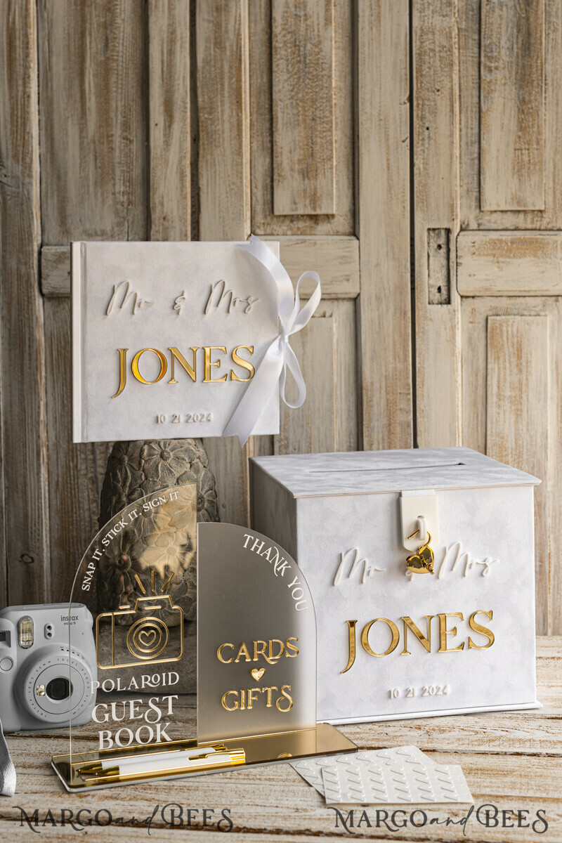 White gold Velvet Set Card Box with lock & Polaroid Guestbook & Cards gifts Sign and instax instruction sign combo and pens set, Wedding Card Box with Lid Instant Instax Guestbook Wedding Money Box Sing Guestbook Set. White and gold wedding. -17