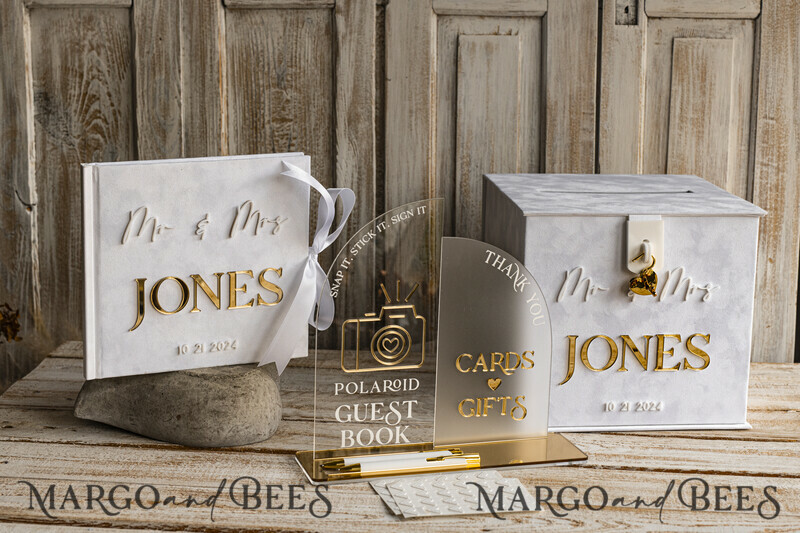 White gold Velvet Set Card Box with lock & Polaroid Guestbook & Cards gifts Sign and instax instruction sign combo and pens set, Wedding Card Box with Lid Instant Instax Guestbook Wedding Money Box Sing Guestbook Set. White and gold wedding. -25
