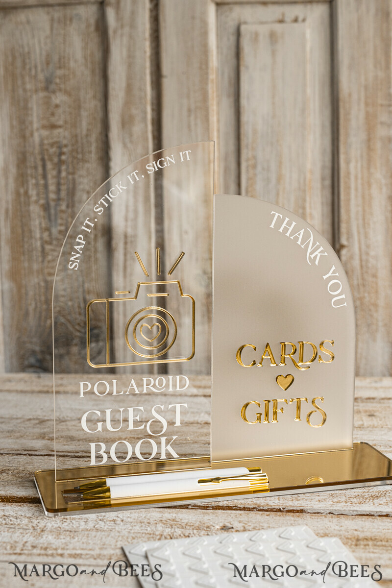 White gold Velvet Set Card Box with lock & Polaroid Guestbook & Cards gifts Sign and instax instruction sign combo and pens set, Wedding Card Box with Lid Instant Instax Guestbook Wedding Money Box Sing Guestbook Set. White and gold wedding. -7
