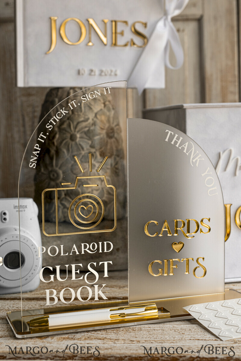 White gold Velvet Set Card Box with lock & Polaroid Guestbook & Cards gifts Sign and instax instruction sign combo and pens set, Wedding Card Box with Lid Instant Instax Guestbook Wedding Money Box Sing Guestbook Set. White and gold wedding. -4
