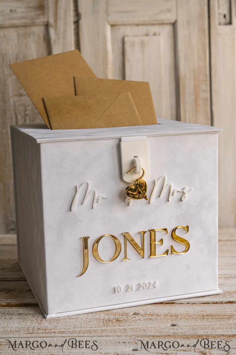 White gold Velvet Set Card Box with lock & Polaroid Guestbook & Cards gifts Sign and instax instruction sign combo and pens set, Wedding Card Box with Lid Instant Instax Guestbook Wedding Money Box Sing Guestbook Set. White and gold wedding. -42