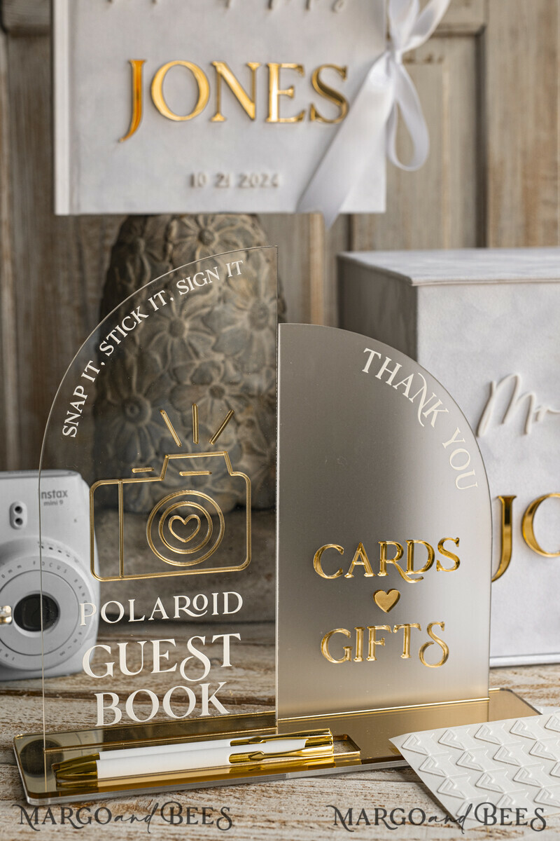 White gold Velvet Set Card Box with lock & Polaroid Guestbook & Cards gifts Sign and instax instruction sign combo and pens set, Wedding Card Box with Lid Instant Instax Guestbook Wedding Money Box Sing Guestbook Set. White and gold wedding. -5