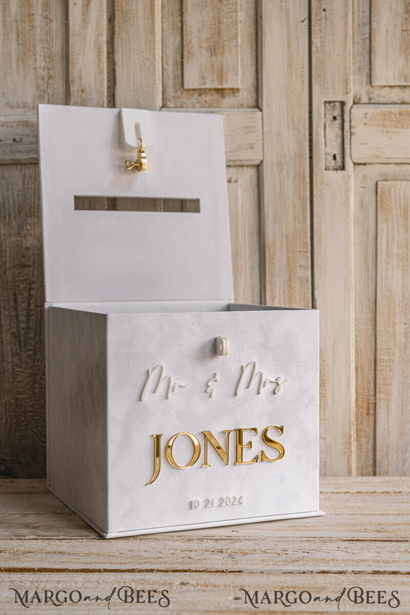 White gold Velvet Set Card Box with lock & Polaroid Guestbook & Cards gifts Sign and instax instruction sign combo and pens set, Wedding Card Box with Lid Instant Instax Guestbook Wedding Money Box Sing Guestbook Set. White and gold wedding. -44