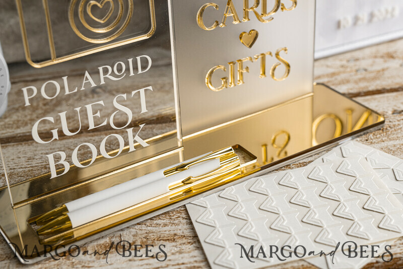 White gold Velvet Set Card Box with lock & Polaroid Guestbook & Cards gifts Sign and instax instruction sign combo and pens set, Wedding Card Box with Lid Instant Instax Guestbook Wedding Money Box Sing Guestbook Set. White and gold wedding. -8