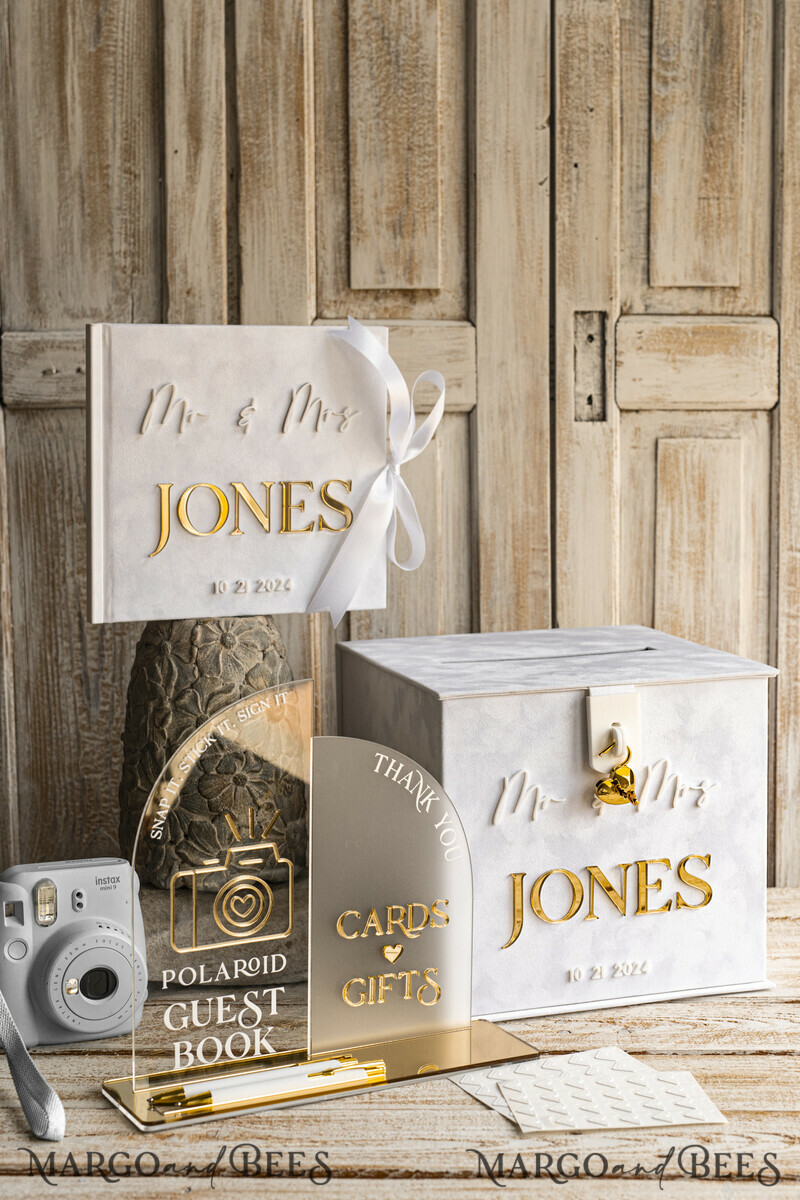 White gold Velvet Set Card Box with lock & Polaroid Guestbook & Cards gifts Sign and instax instruction sign combo and pens set, Wedding Card Box with Lid Instant Instax Guestbook Wedding Money Box Sing Guestbook Set. White and gold wedding. -14