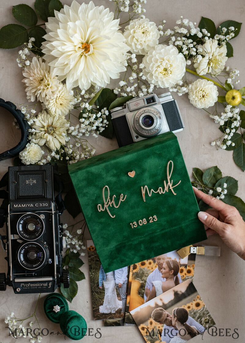 Emerald Green Velvet Photo Box Photographer Wedding Memory Box, Greenery Custom Keepsake Box, Garden Photographer Gifts for Clients, Wedding Pictures packaging, Custom photography box-10