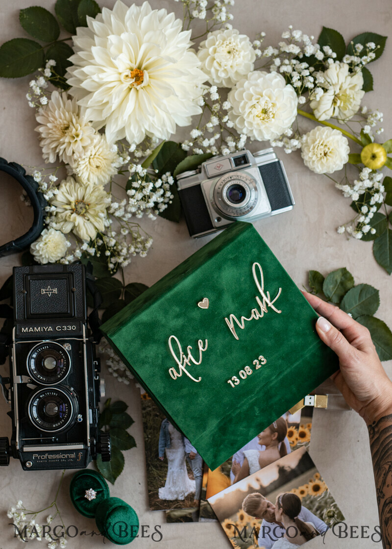 Emerald Green Velvet Photo Box Photographer Wedding Memory Box, Greenery Custom Keepsake Box, Garden Photographer Gifts for Clients, Wedding Pictures packaging, Custom photography box-11