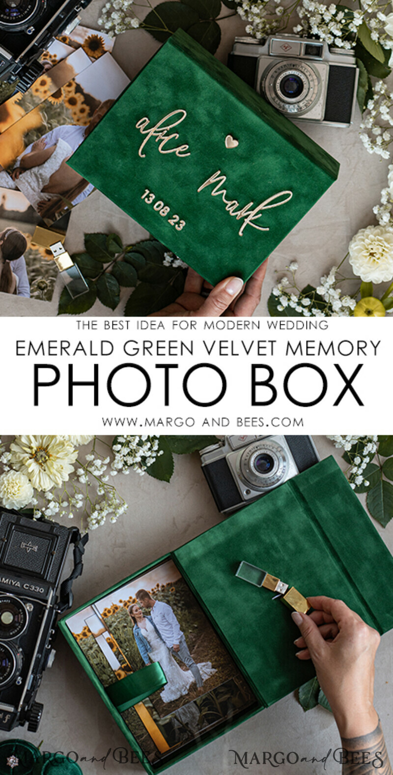 Emerald Green Velvet Photo Box Photographer Wedding Memory Box, Greenery Custom Keepsake Box, Garden Photographer Gifts for Clients, Wedding Pictures packaging, Custom photography box-3