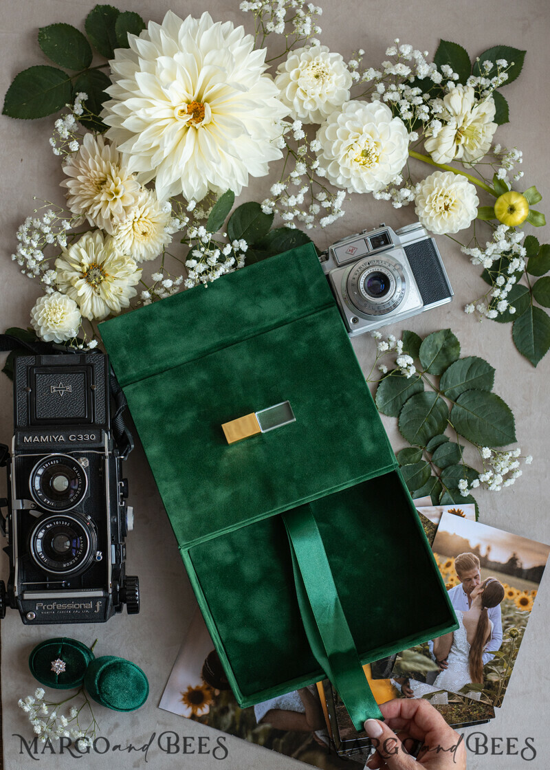 Emerald Green Velvet Photo Box Photographer Wedding Memory Box, Greenery Custom Keepsake Box, Garden Photographer Gifts for Clients, Wedding Pictures packaging, Custom photography box-4