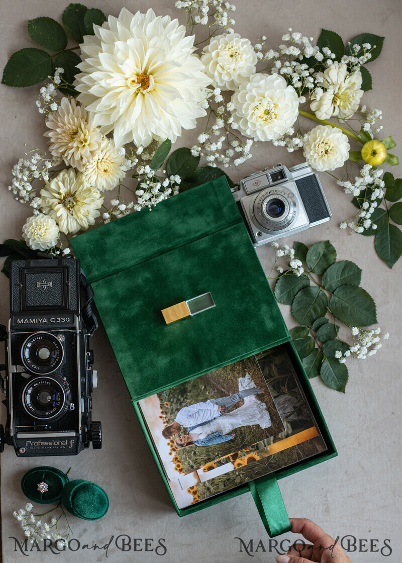 Emerald Green Velvet Photo Box Photographer Wedding Memory Box, Greenery Custom Keepsake Box, Garden Photographer Gifts for Clients, Wedding Pictures packaging, Custom photography box-6