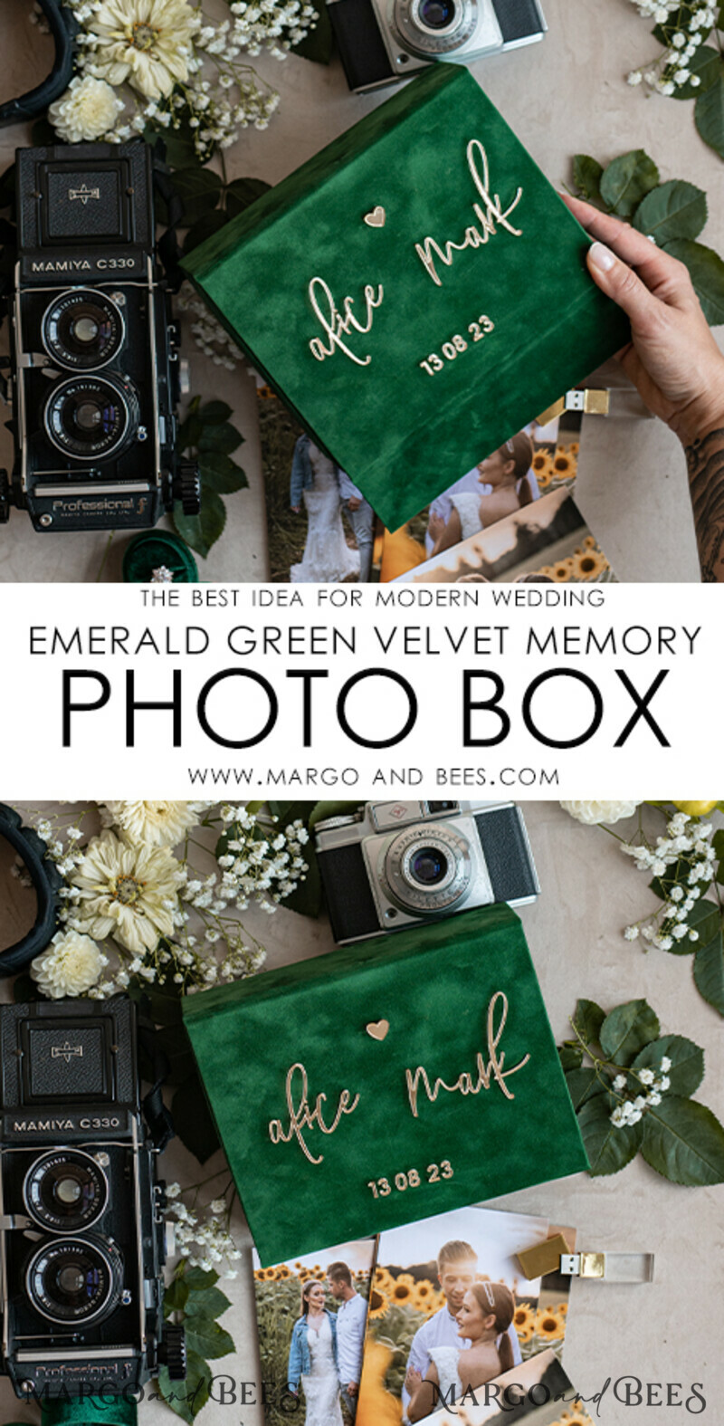 Emerald Green Velvet Photo Box Photographer Wedding Memory Box, Greenery Custom Keepsake Box, Garden Photographer Gifts for Clients, Wedding Pictures packaging, Custom photography box-7