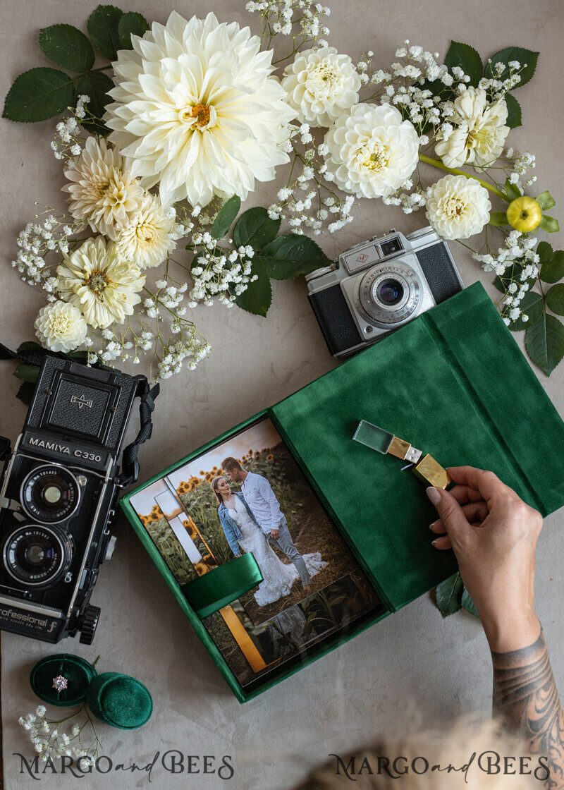 Emerald Green Velvet Photo Box Photographer Wedding Memory Box, Greenery Custom Keepsake Box, Garden Photographer Gifts for Clients, Wedding Pictures packaging, Custom photography box-8