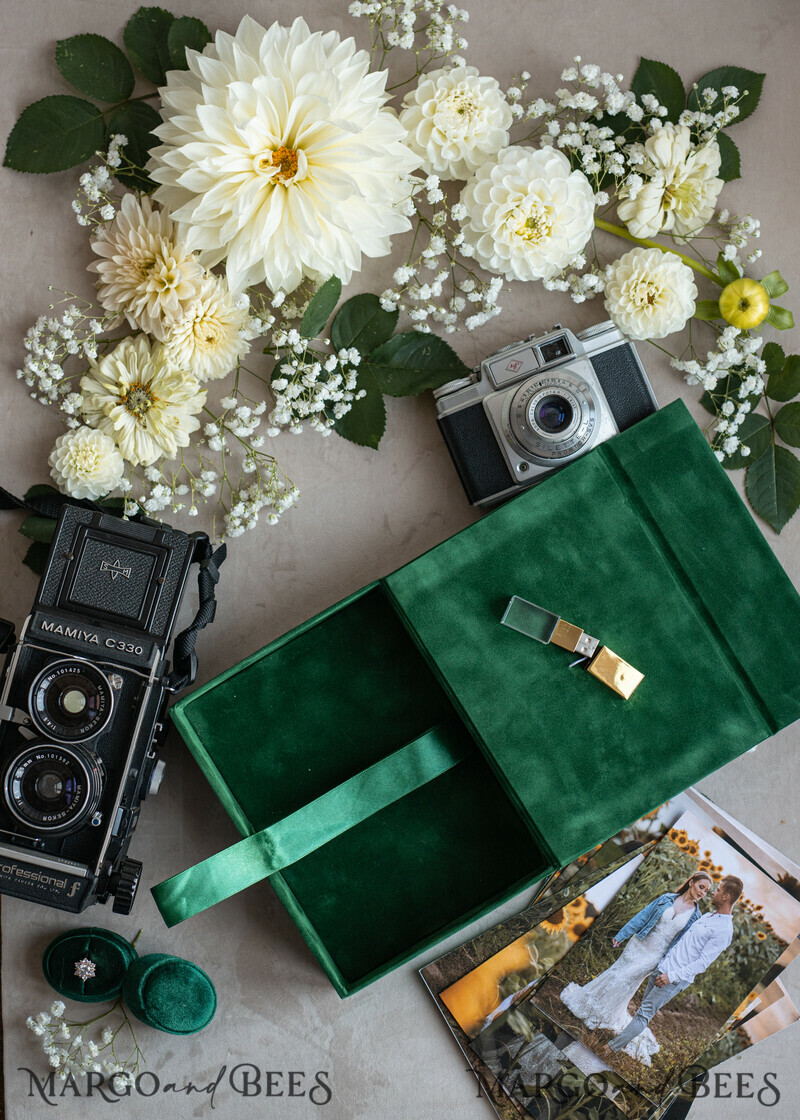 Emerald Green Velvet Photo Box Photographer Wedding Memory Box, Greenery Custom Keepsake Box, Garden Photographer Gifts for Clients, Wedding Pictures packaging, Custom photography box-9