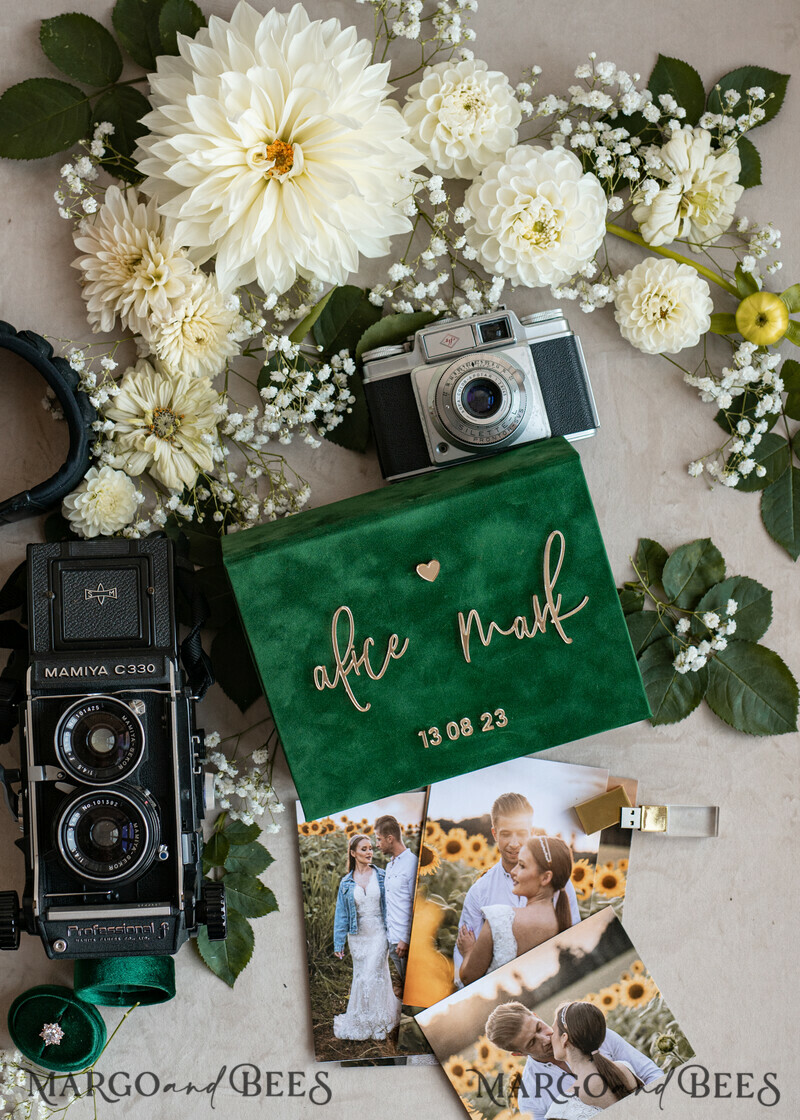 Emerald Green Velvet Photo Box Photographer Wedding Memory Box, Greenery Custom Keepsake Box, Garden Photographer Gifts for Clients, Wedding Pictures packaging, Custom photography box-0