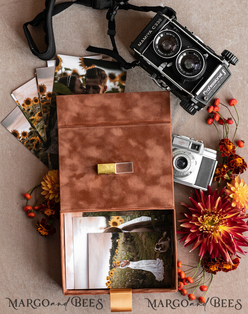 Terracotta Velvet Photo Box Photographer Box Wedding Memory Box, Burnt Orange Custom Keepsake Box, Rust Photographer Gifts for Clients-1